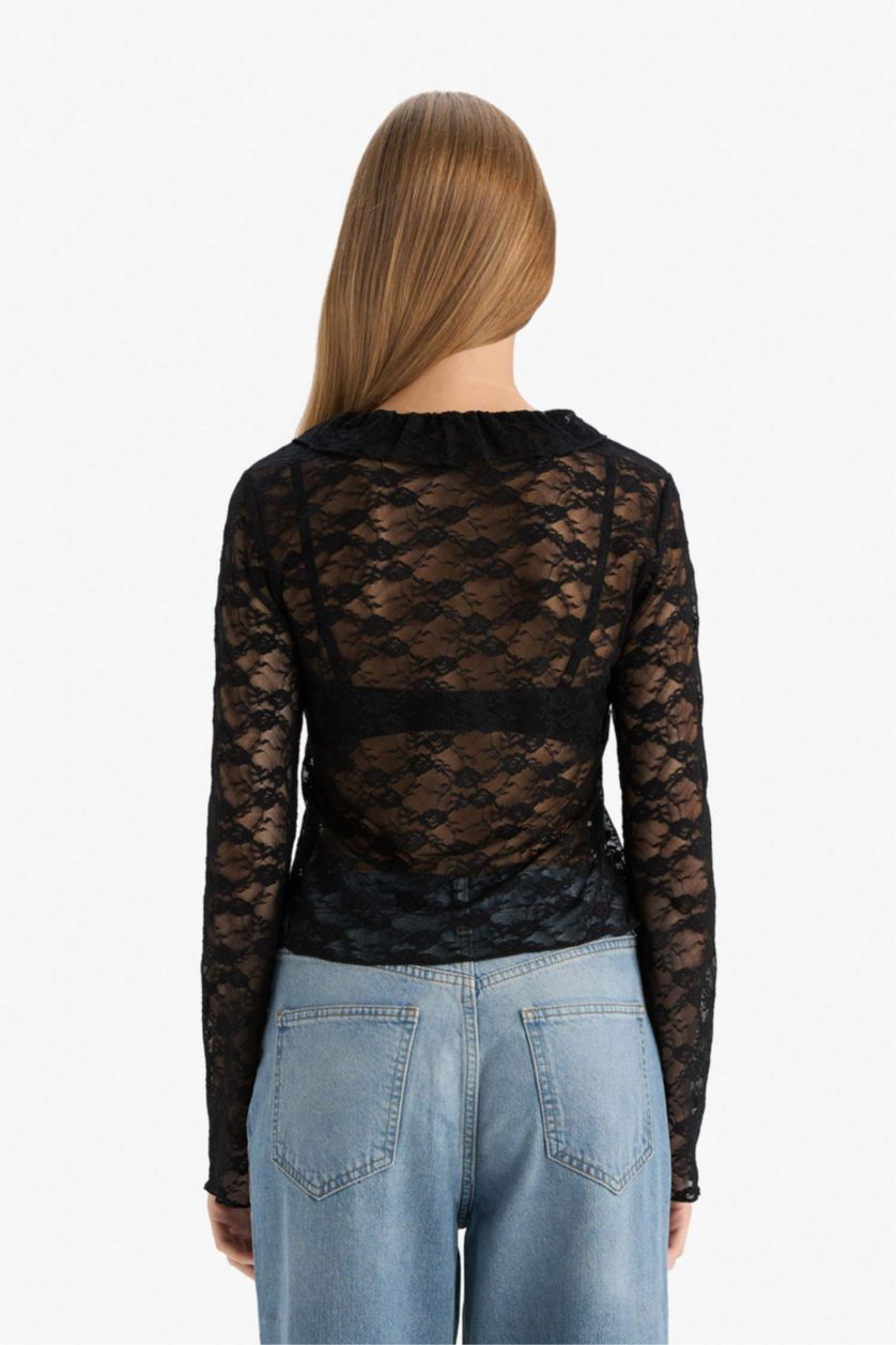 Kadın Siyah Fitted V Yaka Önden Bağlamalı Dantel Uzun Kollu Bluz