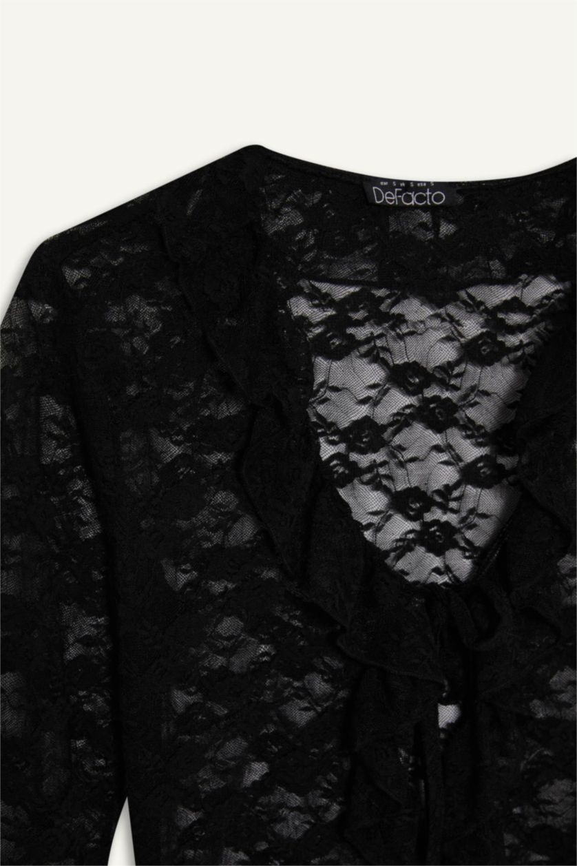 Kadın Siyah Fitted V Yaka Önden Bağlamalı Dantel Uzun Kollu Bluz