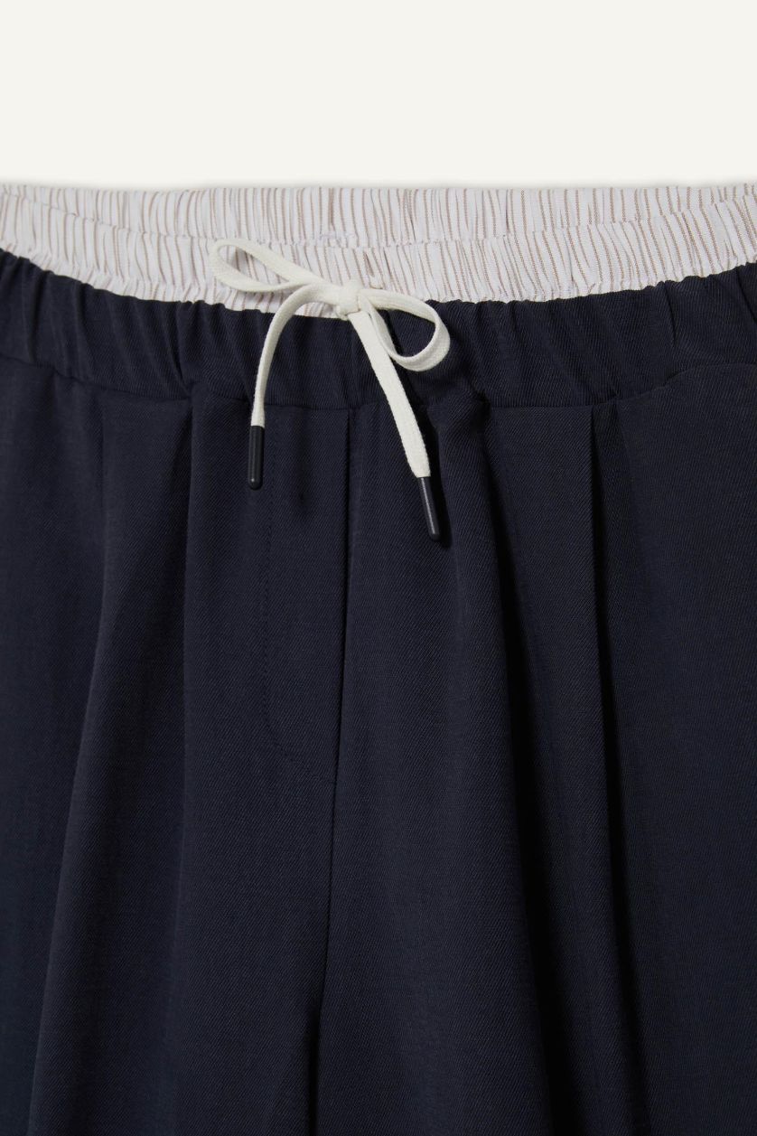 Kadın Lacivert Baggy Fıt Çift Cepli Normal Bel Standart Boy Tencel Pantolon