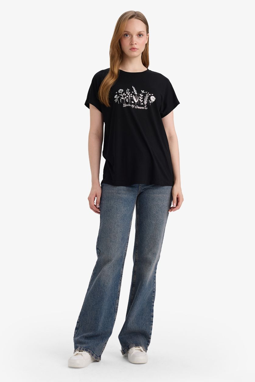 Woman Black Crew Neck Printed Short Sleeve T-Shirt