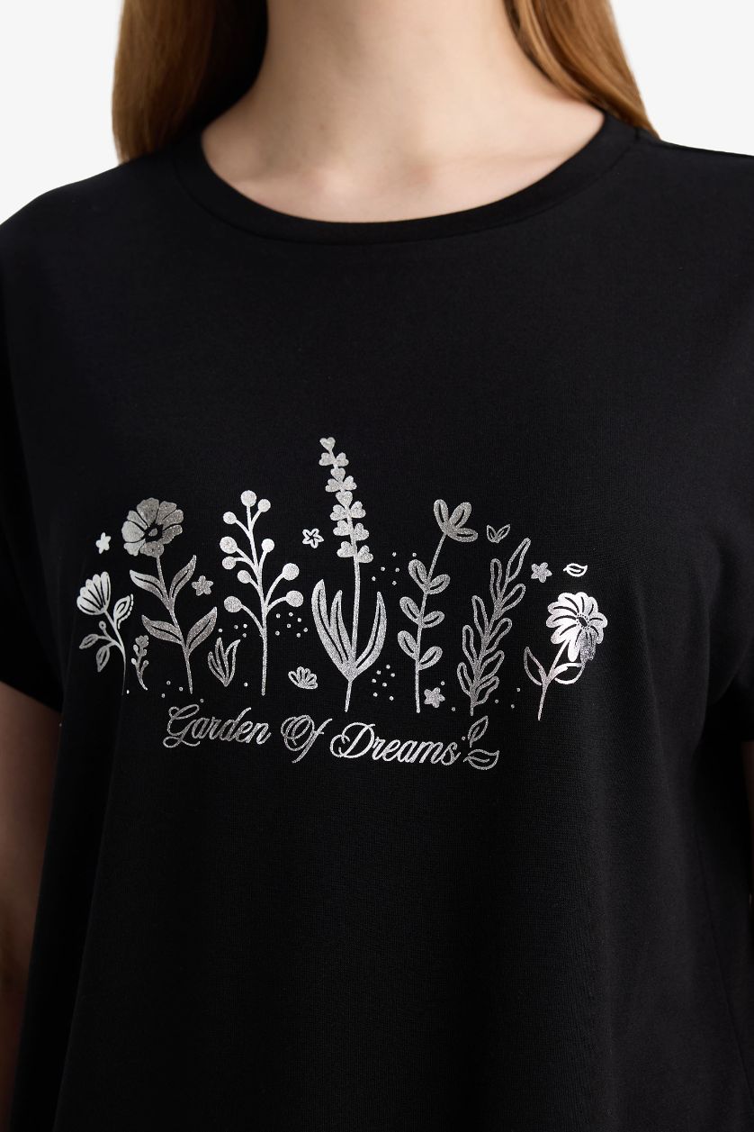 Woman Black Crew Neck Printed Short Sleeve T-Shirt