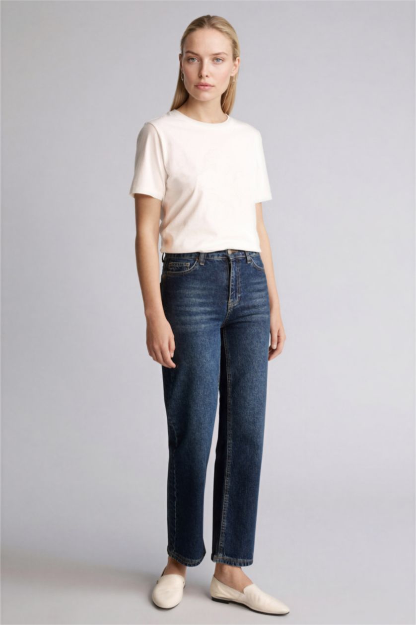 WOMAN Ecru Regular Fit Crew Neck Patterned Cotton T-Shirt