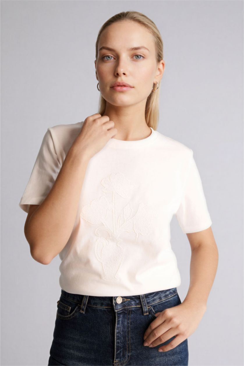 WOMAN Ecru Regular Fit Crew Neck Patterned Cotton T-Shirt