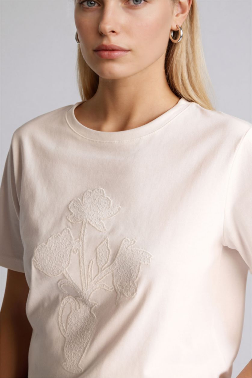 WOMAN Ecru Regular Fit Crew Neck Patterned Cotton T-Shirt