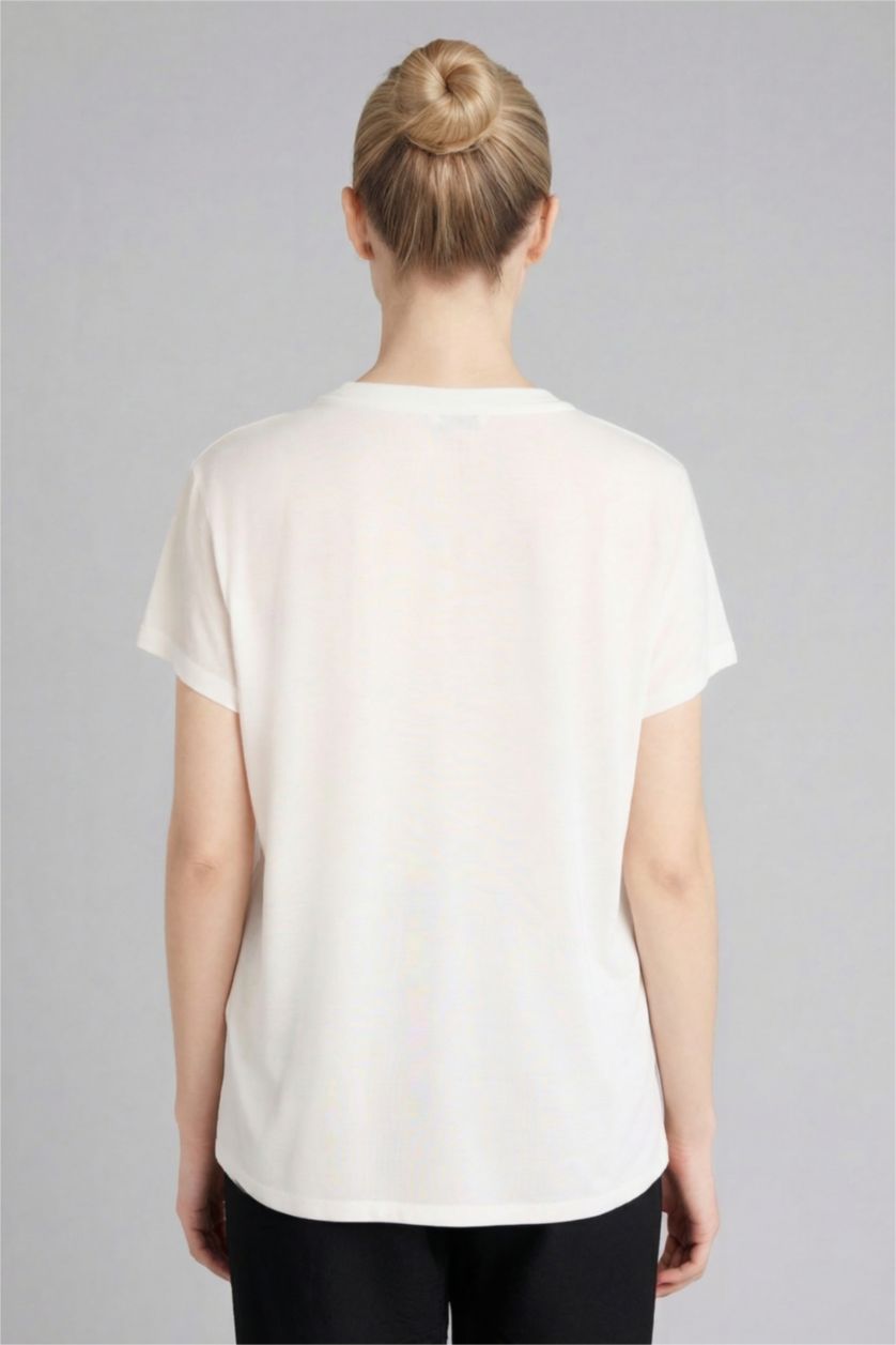 Женщины Бежевый Футболка Relax Fit с круглым вырезом коротким рукавом и объемным принтом