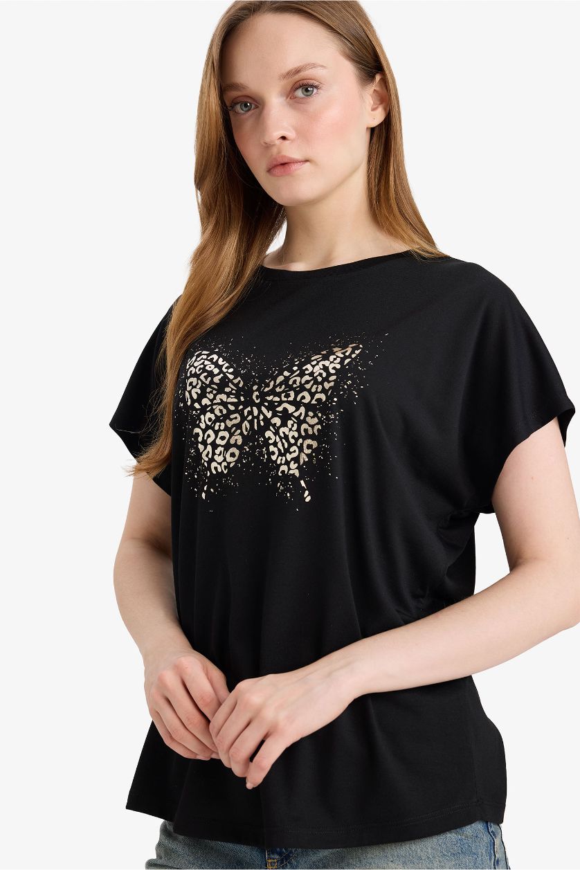 WOMAN Black Crew Neck Butterfly Pattern Short Sleeve T-Shirt