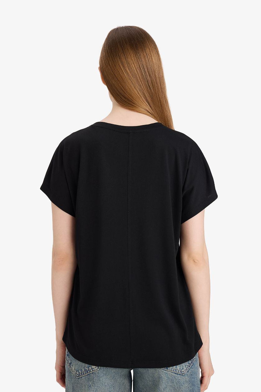 WOMAN Black Crew Neck Butterfly Pattern Short Sleeve T-Shirt