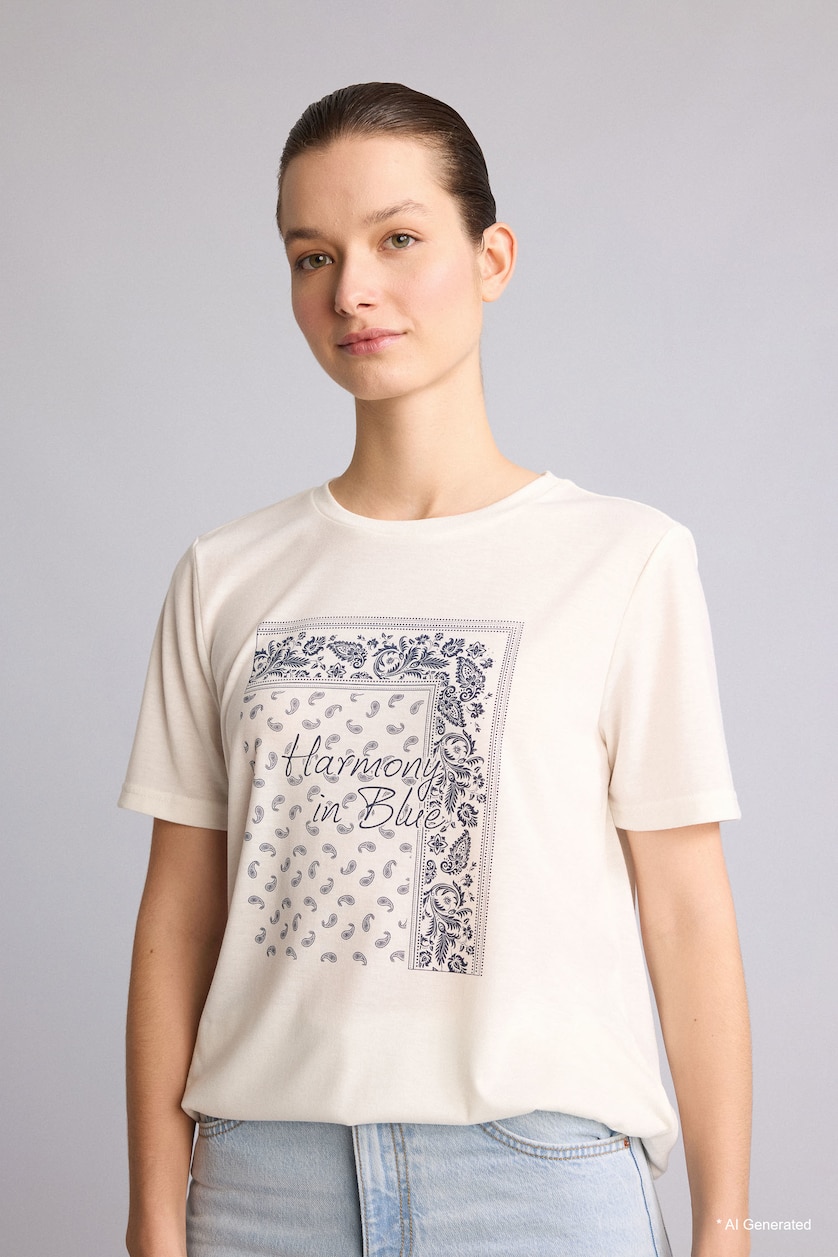 WOMAN Ecru Regular Fit Printed Crew Neck Short Sleeve T-Shirt