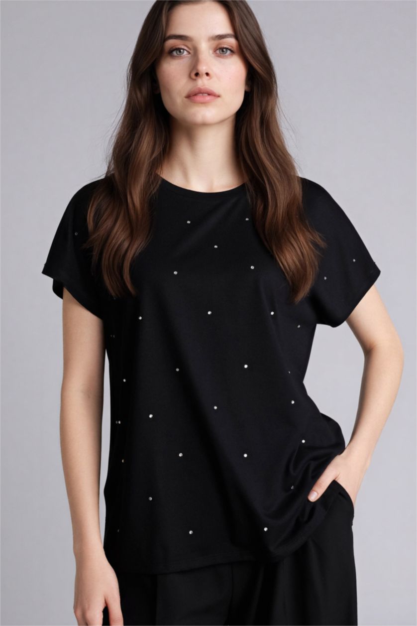 Әйелдерге қара Футболка с круглым вырезом коротким рукавом и принтом из камней