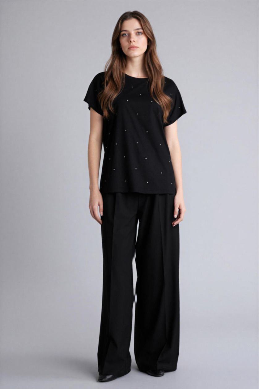 Әйелдерге қара Футболка с круглым вырезом коротким рукавом и принтом из камней