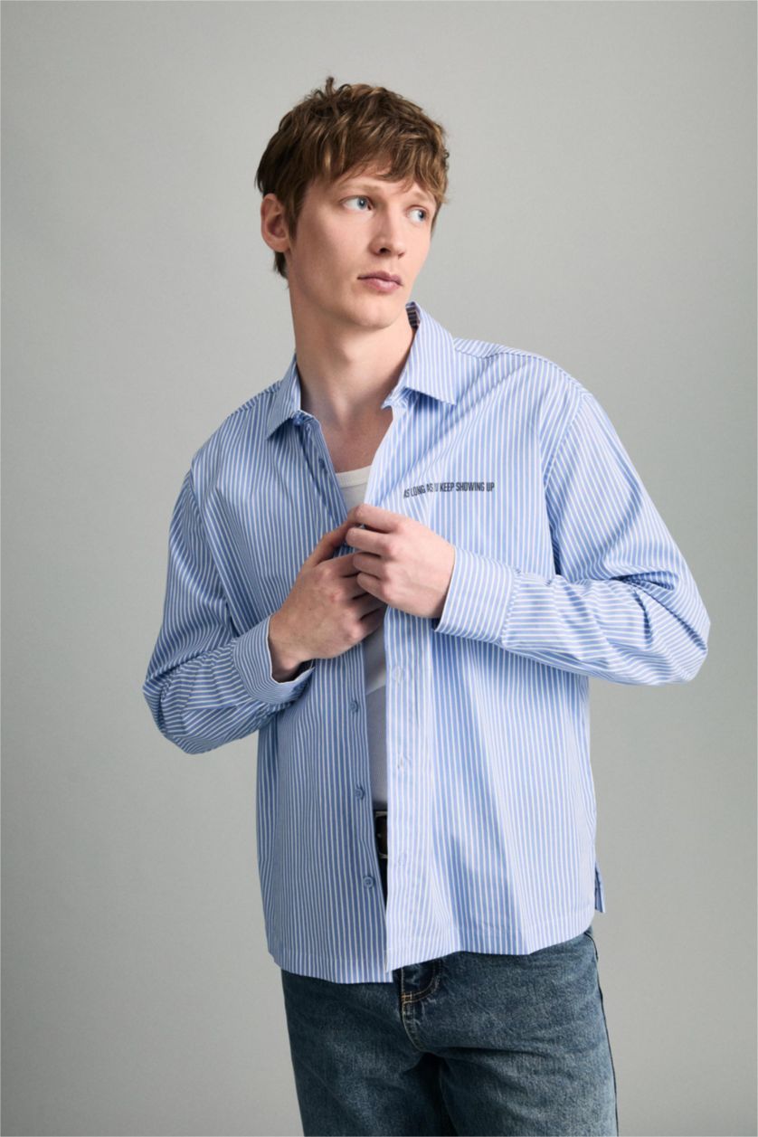 رجال أزرق قميص مخطط ردن طويل أوكسفورد قصة عادية