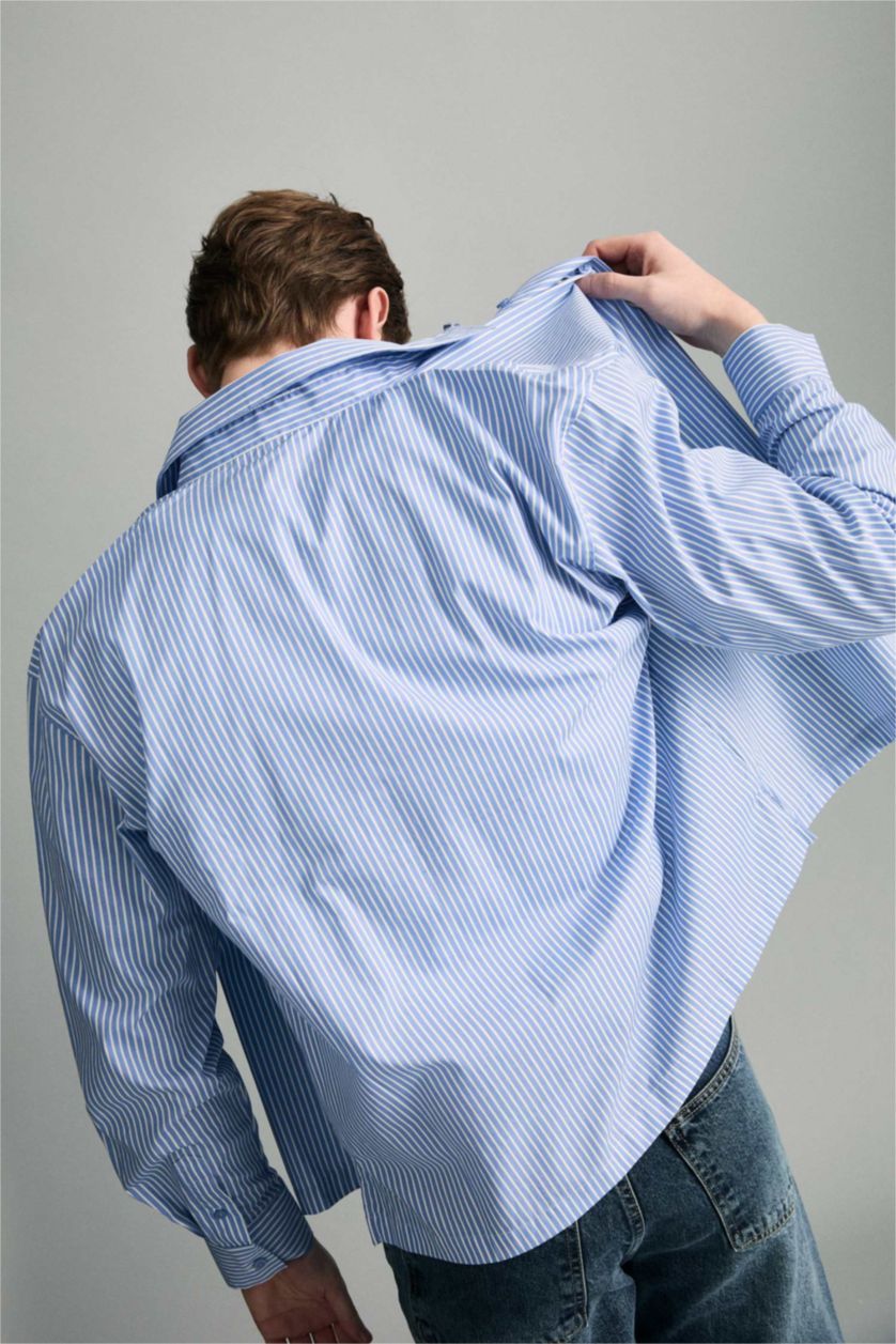 رجال أزرق قميص مخطط ردن طويل أوكسفورد قصة عادية