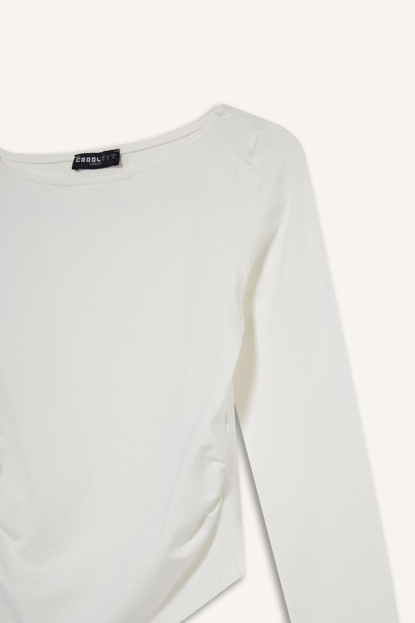 حريمي بيج فاتح تيشيرت كم طويل مخصر برقبة مستديرة