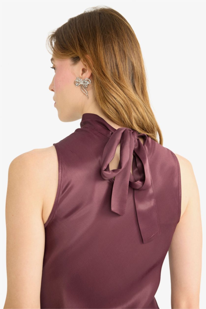 Kadın Bordo Regular Fıt Saten Kolsuz Maxi Elbise