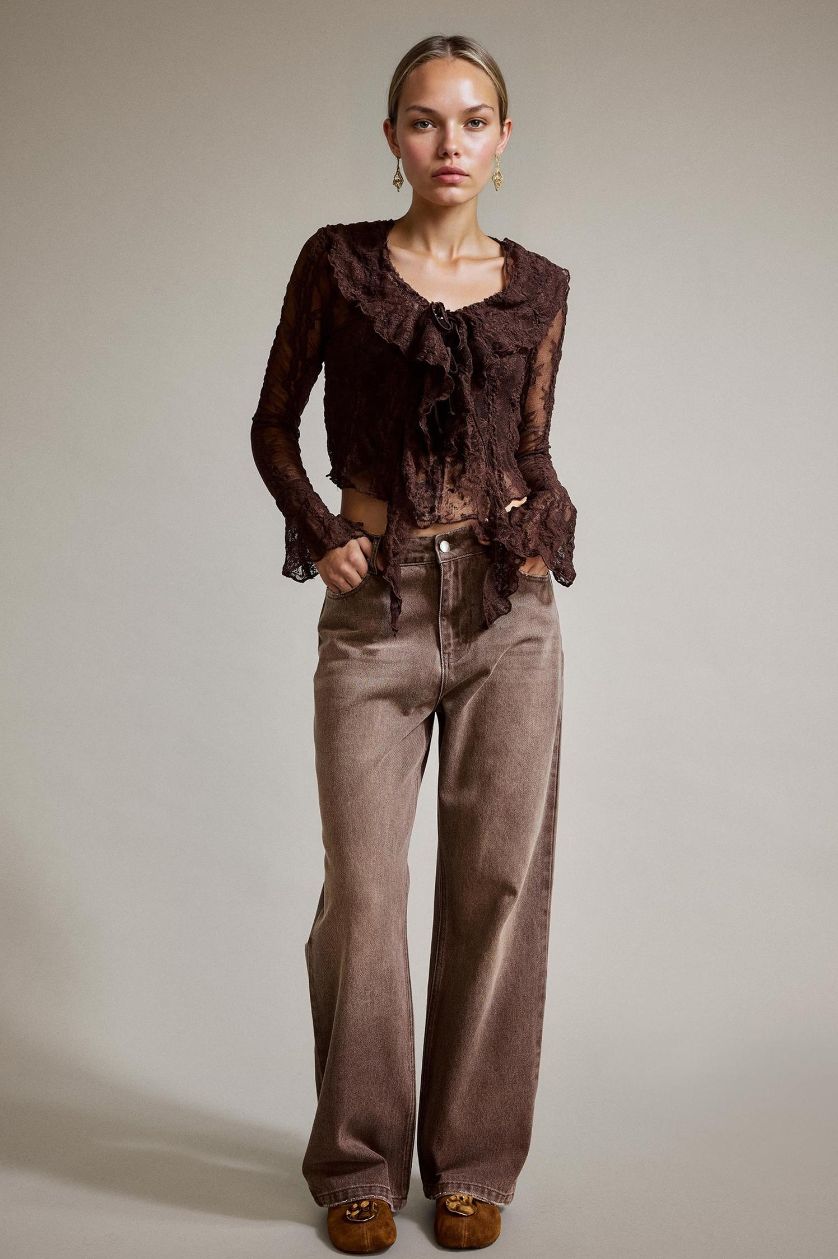 Kadın Kahve %100 Pamuk Wide Leg Geniş Bol Paça Jean Pantolon