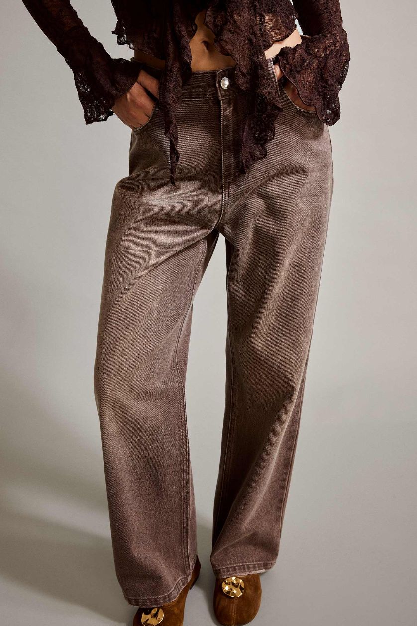 Kadın Kahve %100 Pamuk Wide Leg Geniş Bol Paça Jean Pantolon