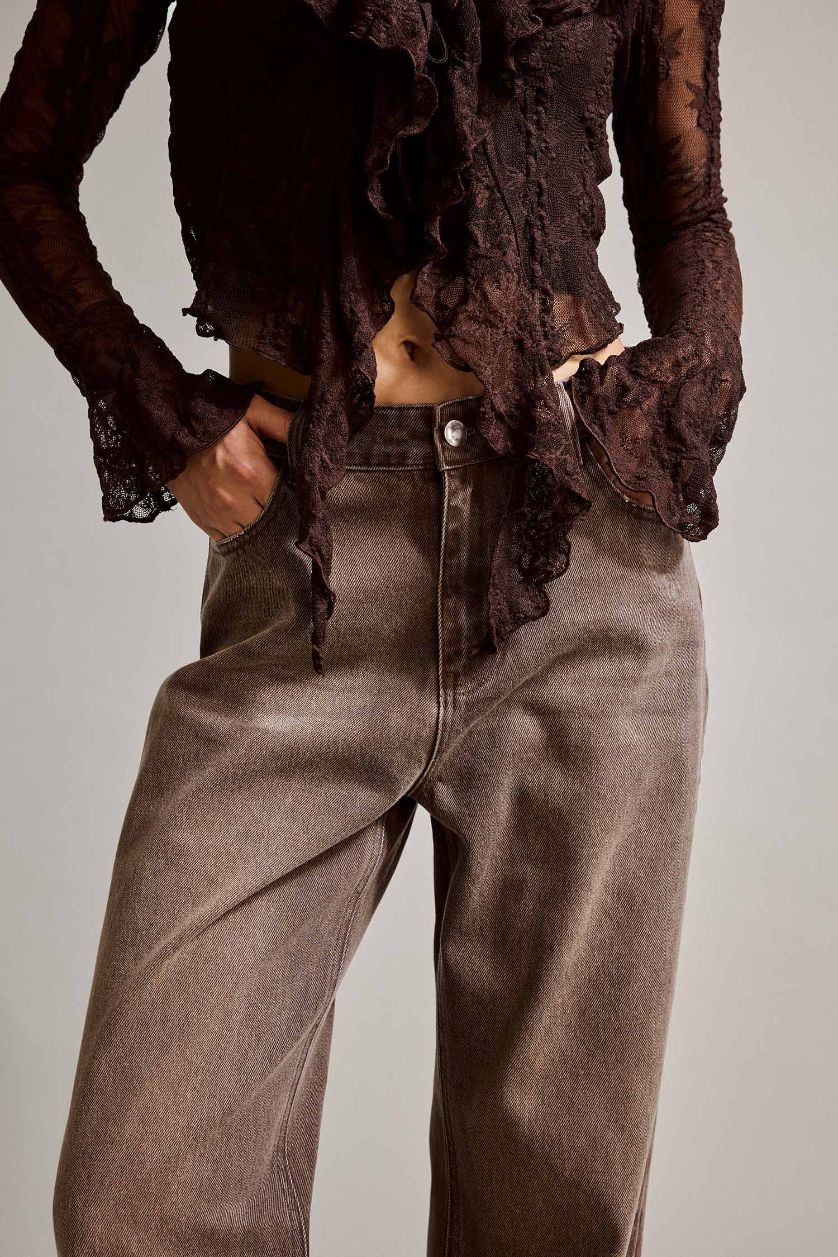 Kadın Kahve %100 Pamuk Wide Leg Geniş Bol Paça Jean Pantolon