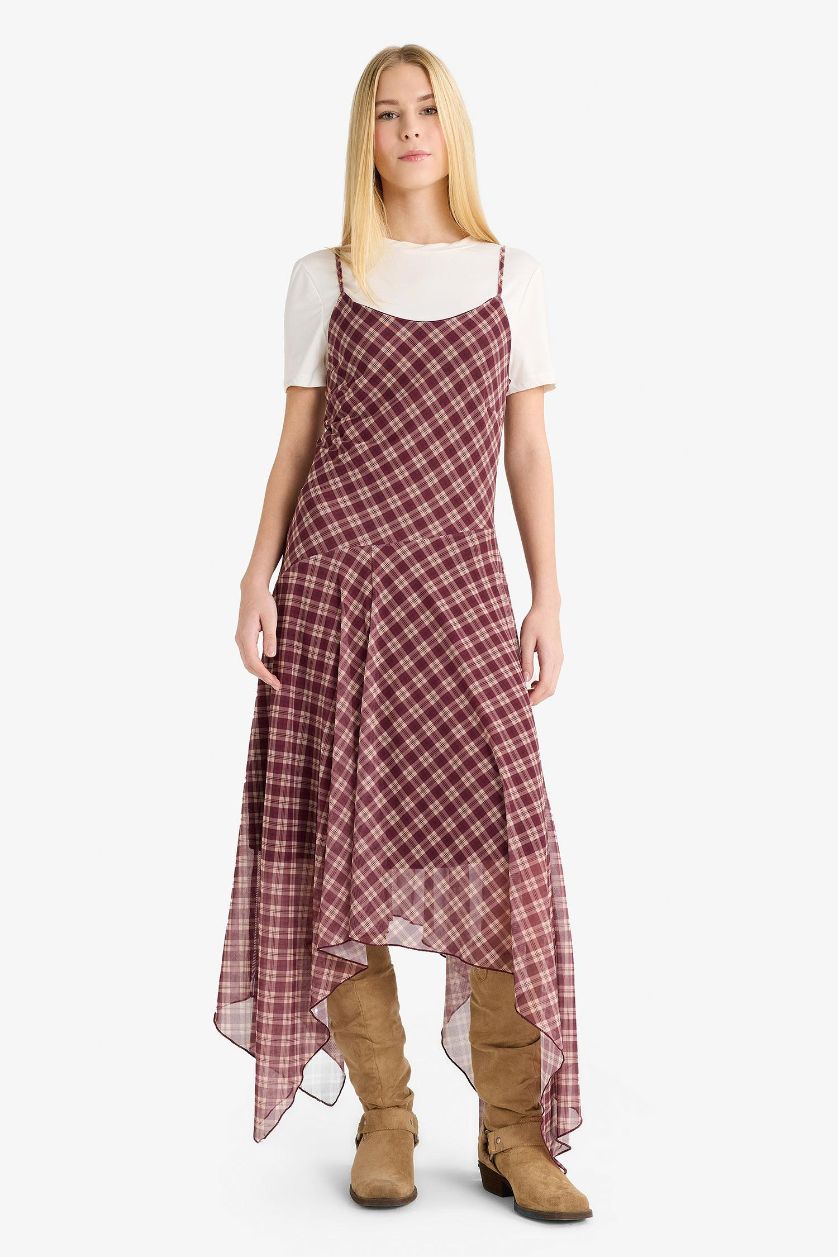 Woman Bordeaux V-Neck Plaid Tulle Midi Dress