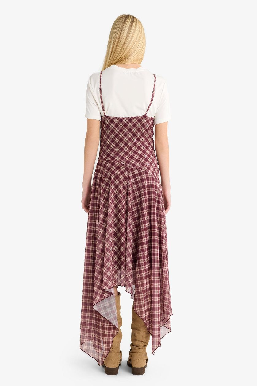 Woman Bordeaux V-Neck Plaid Tulle Midi Dress