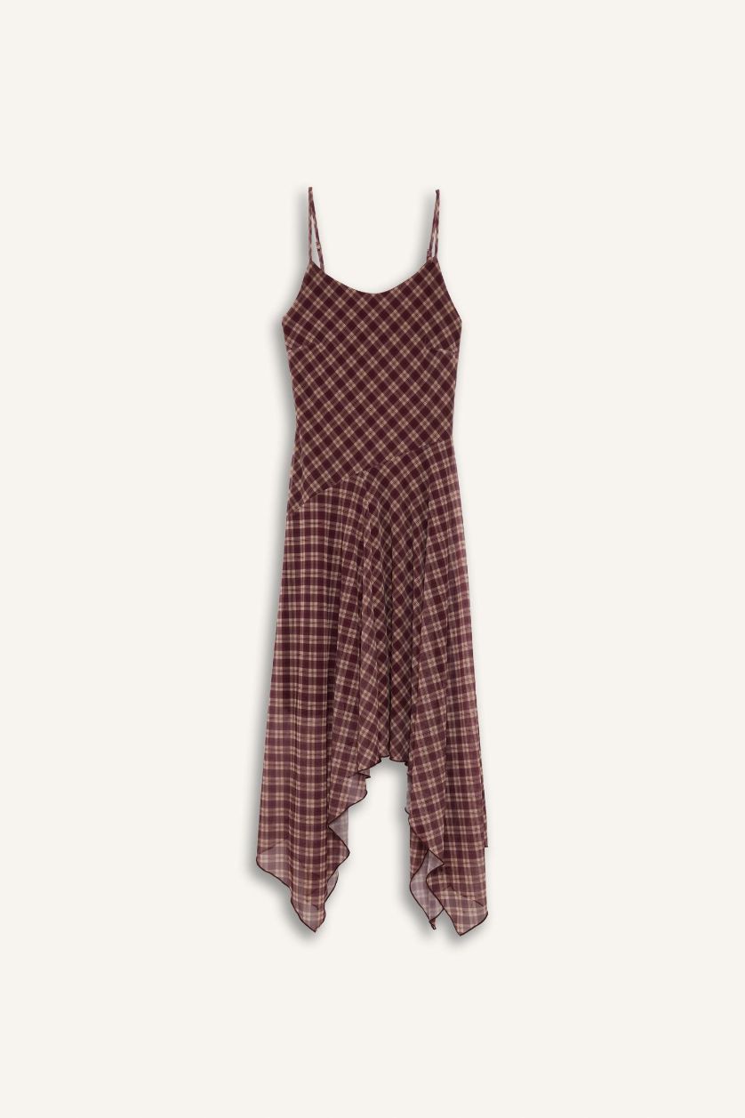 Woman Bordeaux V-Neck Plaid Tulle Midi Dress