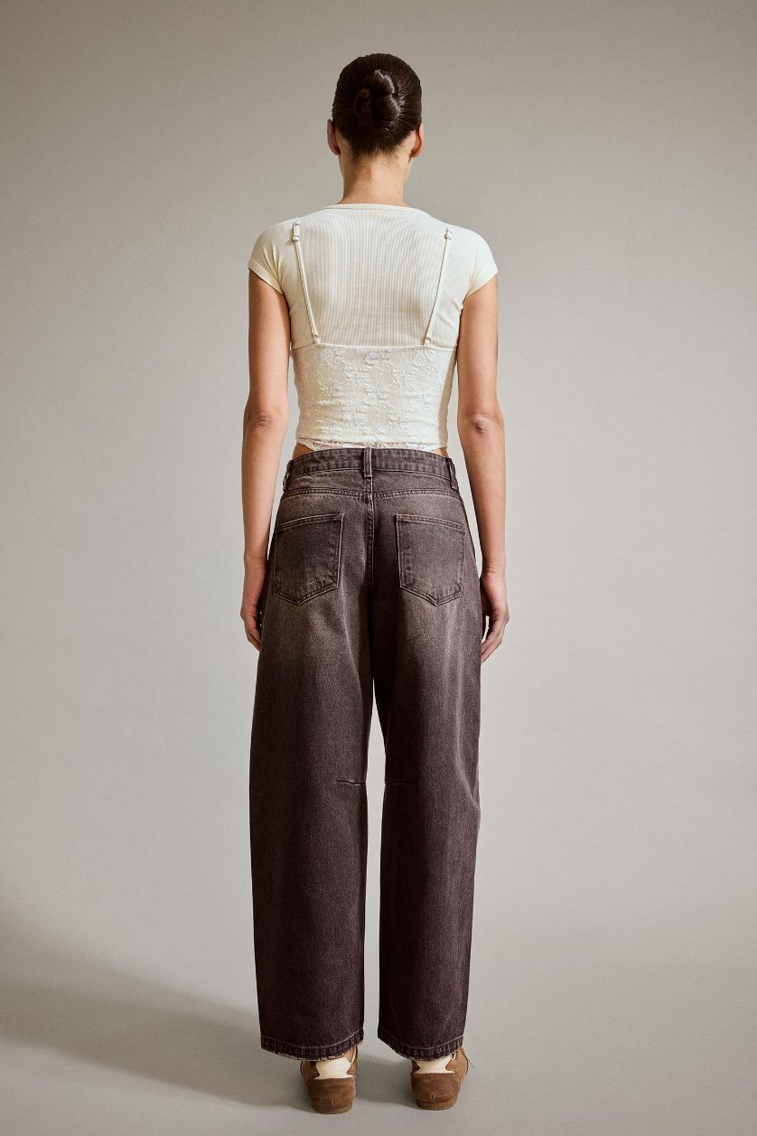 Kadın Kahve %100 Pamuk Wide Leg Geniş Bol Paça Jean Pantolon