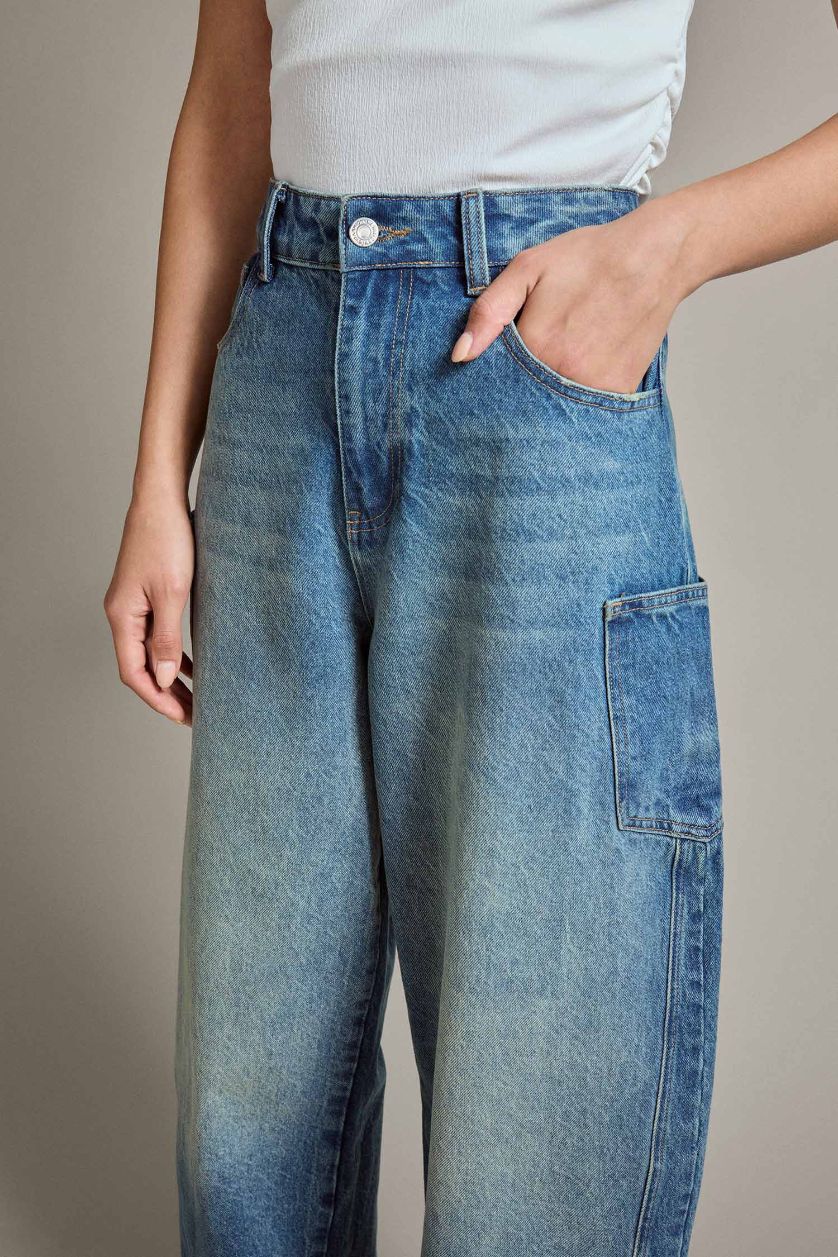 Kadın Lacivert %100 Pamuk Barrel Fıt Geniş Paça Jean Pantolon