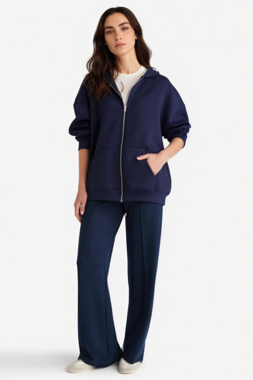 Kadın Lacivert Relax Fit Normal Bel Düz Paça Modal Pantolon