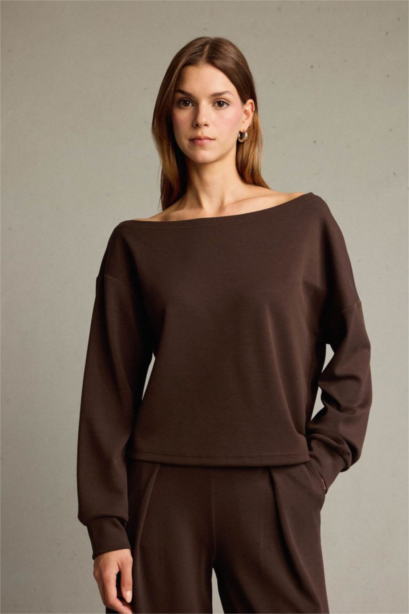 Kadın Kahve Kayık Yaka Modal Sweatshirt