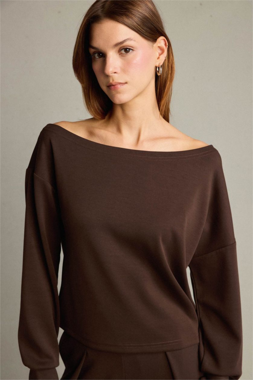 Kadın Kahve Kayık Yaka Modal Sweatshirt