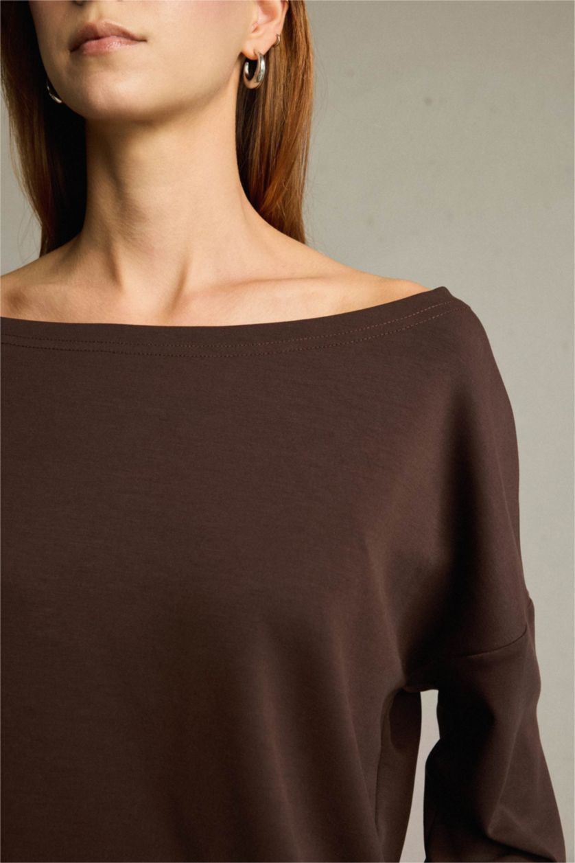 Kadın Kahve Kayık Yaka Modal Sweatshirt