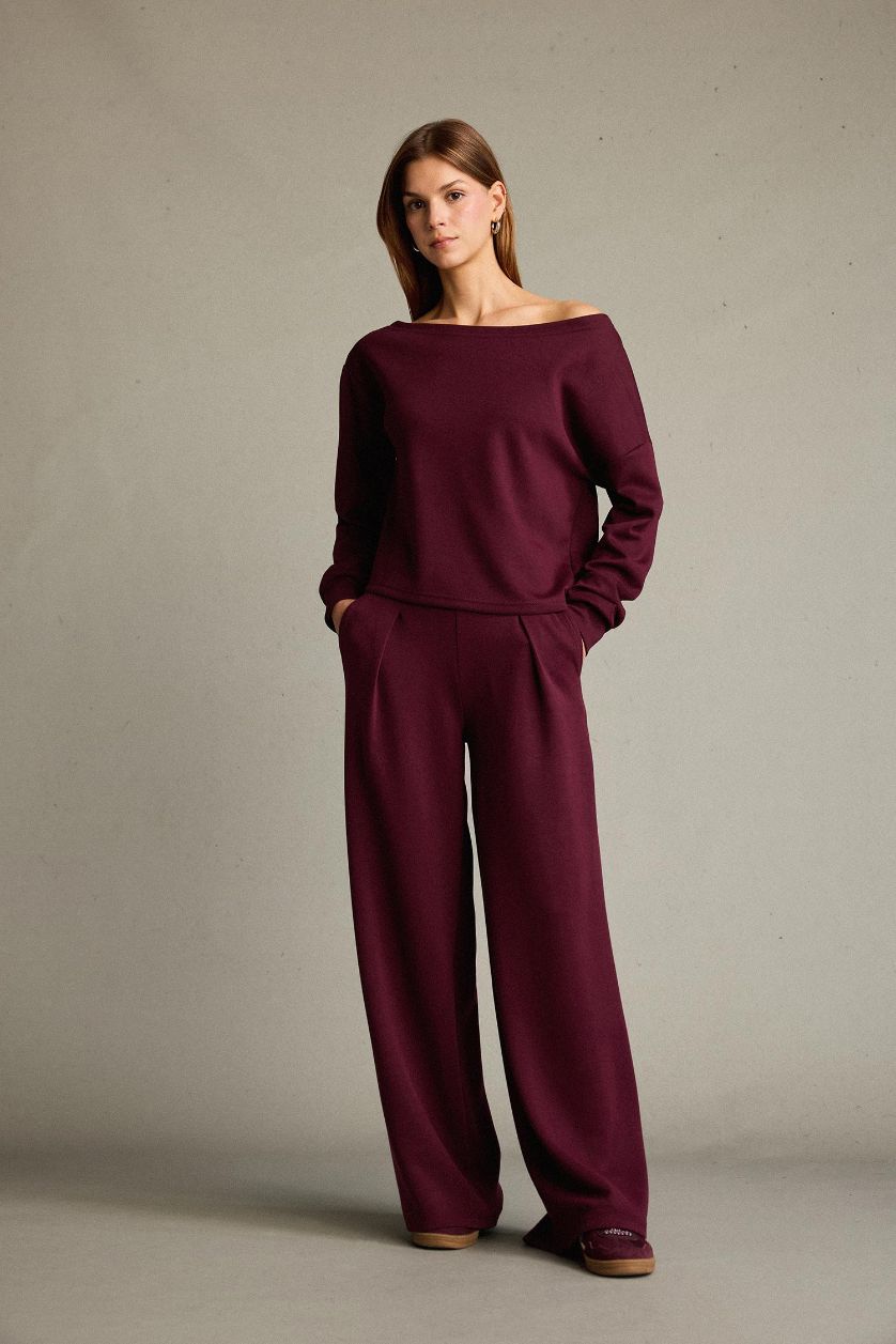 Kadın Bordo Kayık Yaka Modal Sweatshirt