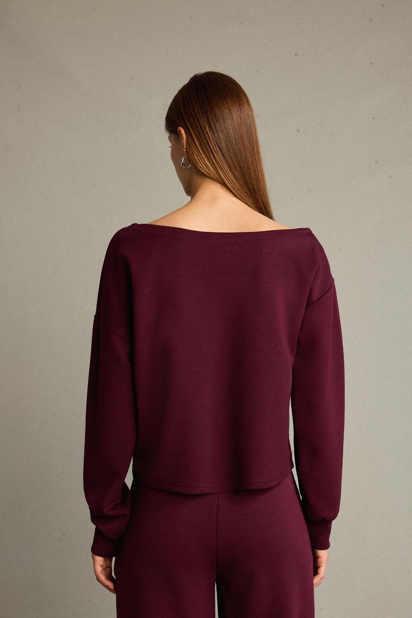 Kadın Bordo Kayık Yaka Modal Sweatshirt