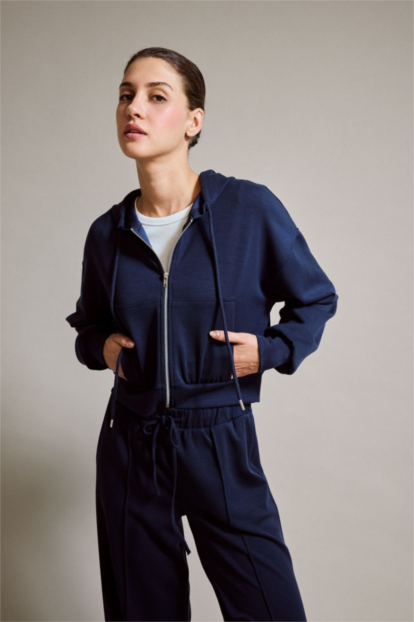 Kadın Lacivert Kapüşonlu Modal Fermuarlı Sweatshirt