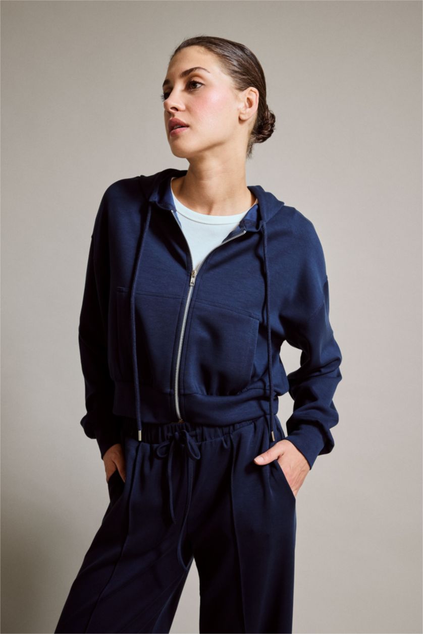 Kadın Lacivert Kapüşonlu Modal Fermuarlı Sweatshirt