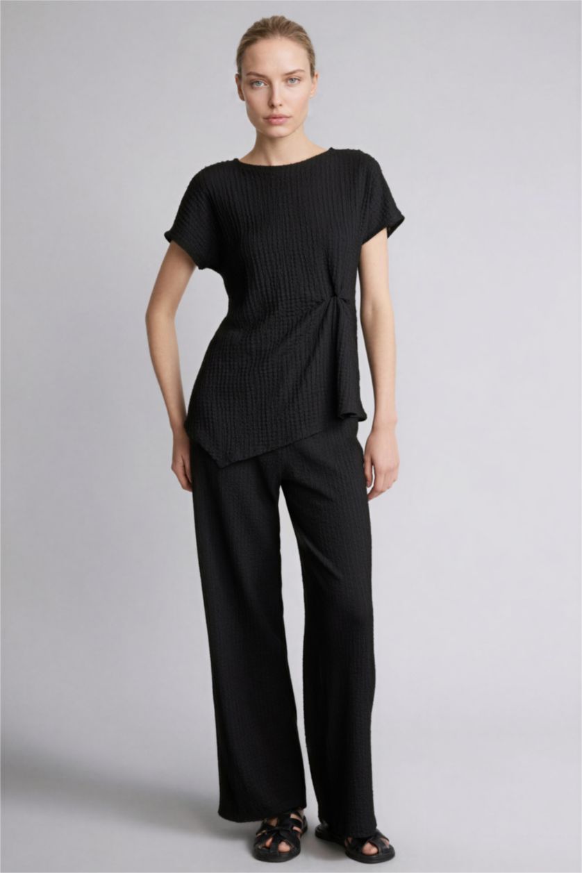 نساء أسود بنطرون القماش المنسوج قصة مستقيمة برجل عادي