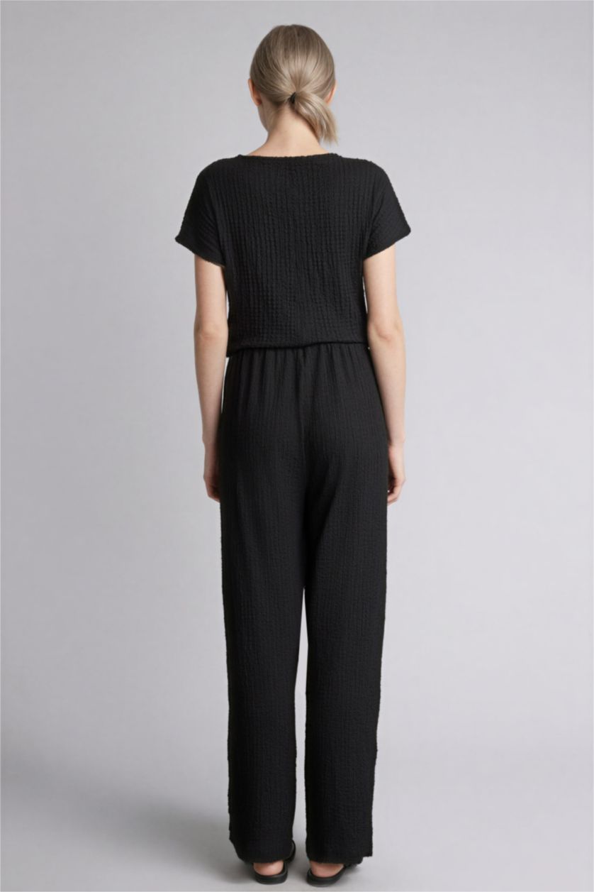 نساء أسود بنطرون القماش المنسوج قصة مستقيمة برجل عادي