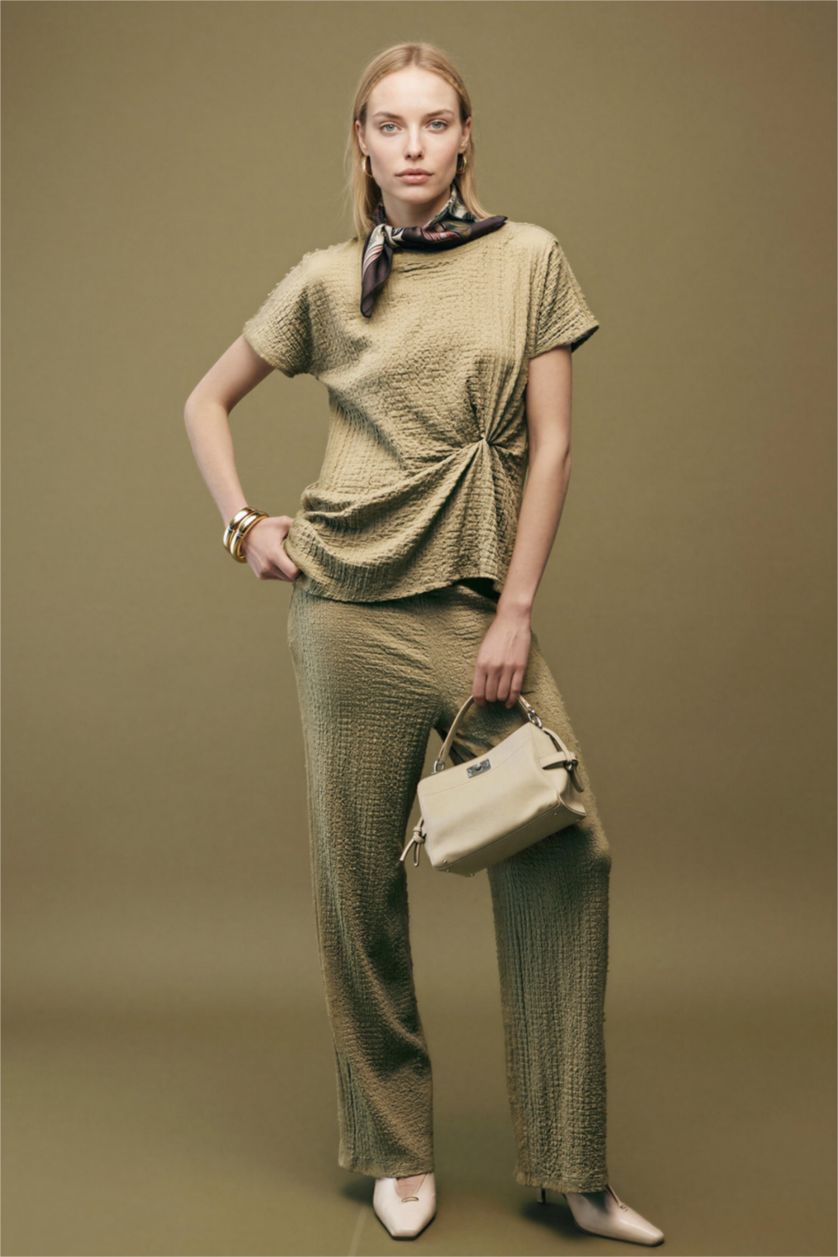WOMAN Light Khaki Straight Fit Crinkle Trousers