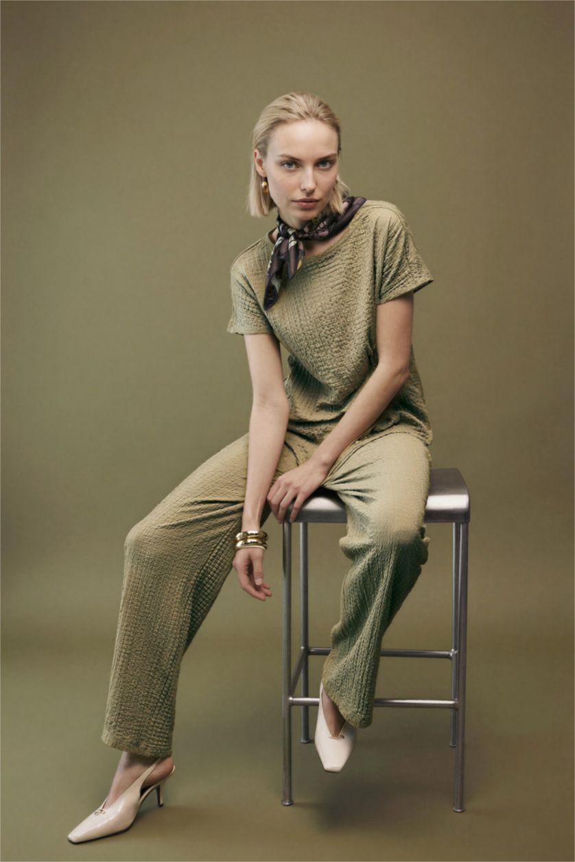 WOMAN Light Khaki Straight Fit Crinkle Trousers