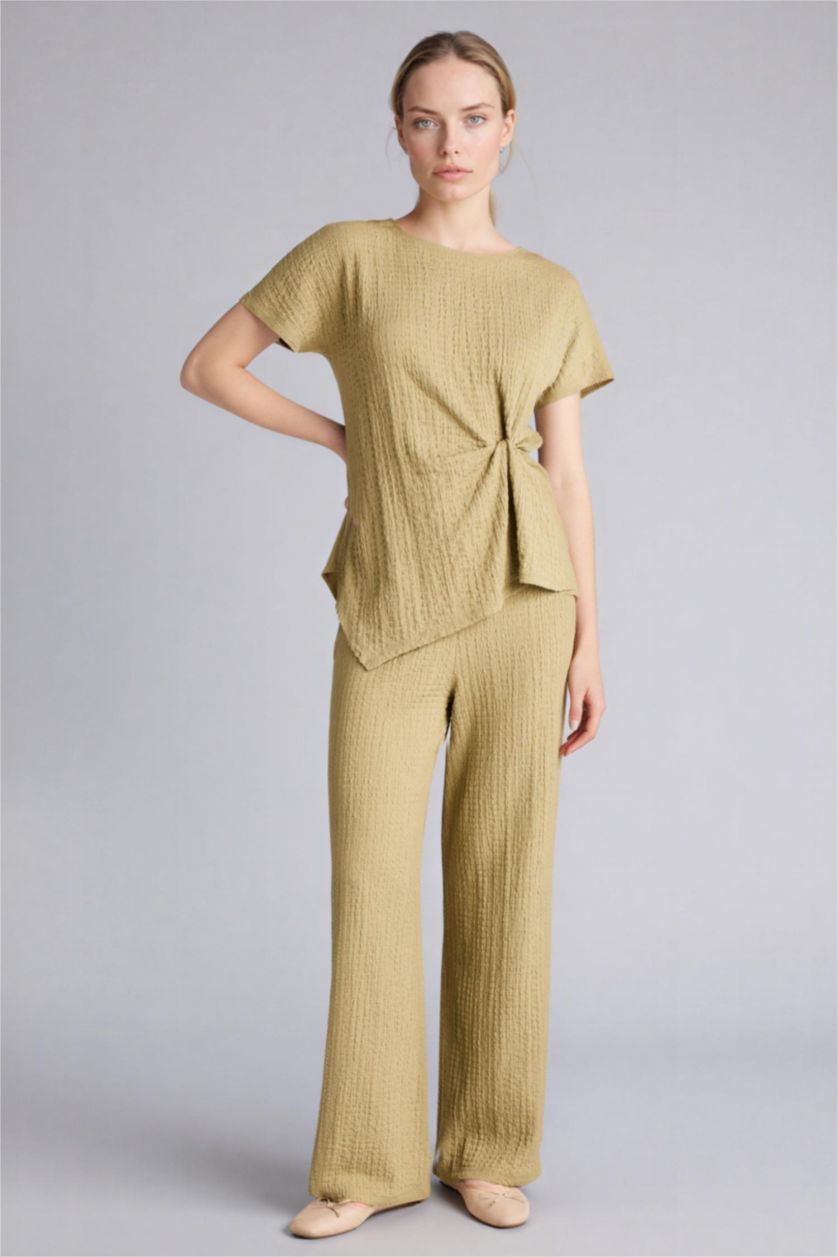 WOMAN Light Khaki Straight Fit Crinkle Trousers