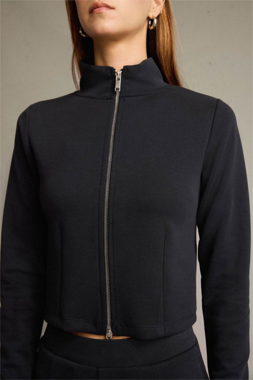 Kadın Antrasit Yarım Balıkçı Yaka Modal Fermuarlı Sweatshirt 