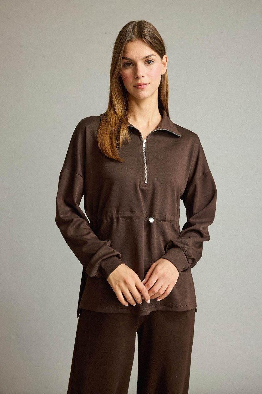 Kadın Kahve Polo Yaka Beli Lastikli Yarım Fermuarlı Modal Sweatshirt