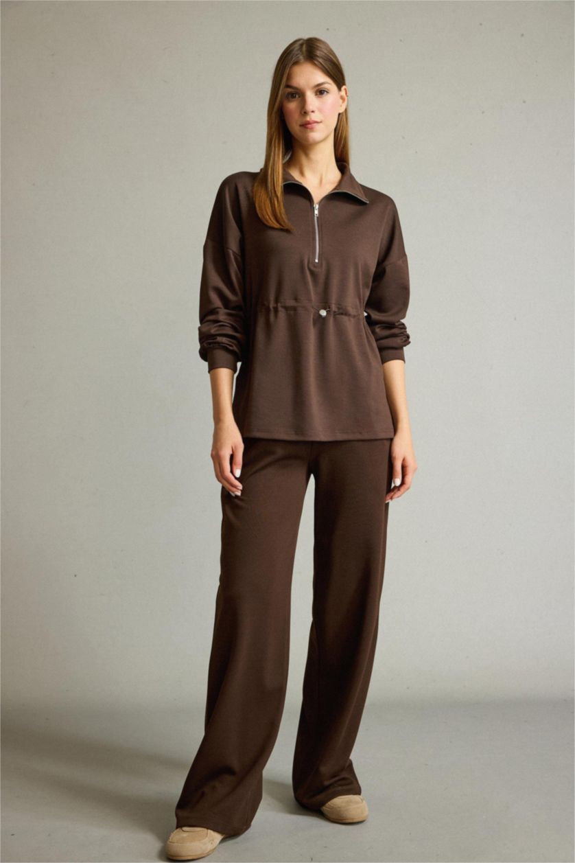 Kadın Kahve Polo Yaka Beli Lastikli Yarım Fermuarlı Modal Sweatshirt
