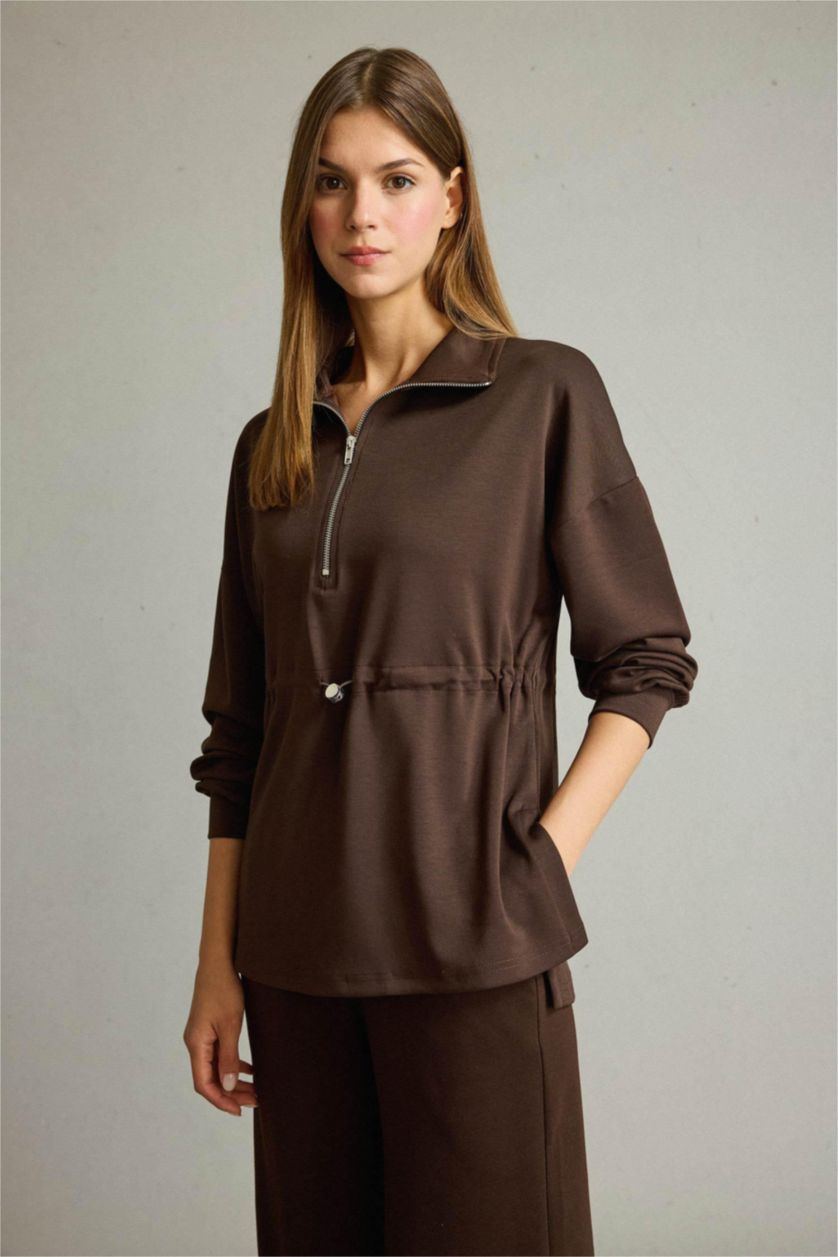 Kadın Kahve Polo Yaka Beli Lastikli Yarım Fermuarlı Modal Sweatshirt