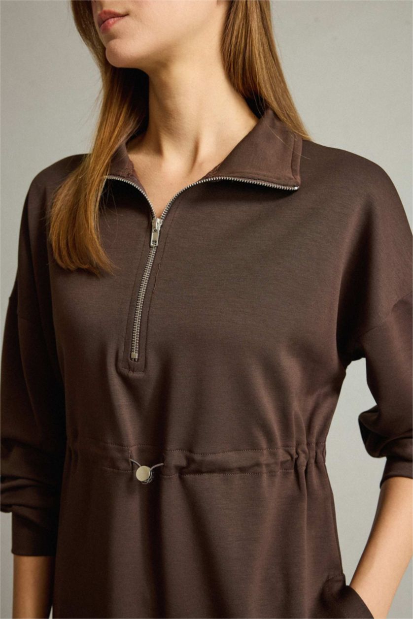 Kadın Kahve Polo Yaka Beli Lastikli Yarım Fermuarlı Modal Sweatshirt