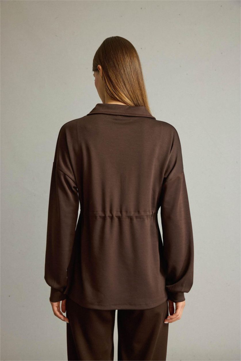 Kadın Kahve Polo Yaka Beli Lastikli Yarım Fermuarlı Modal Sweatshirt