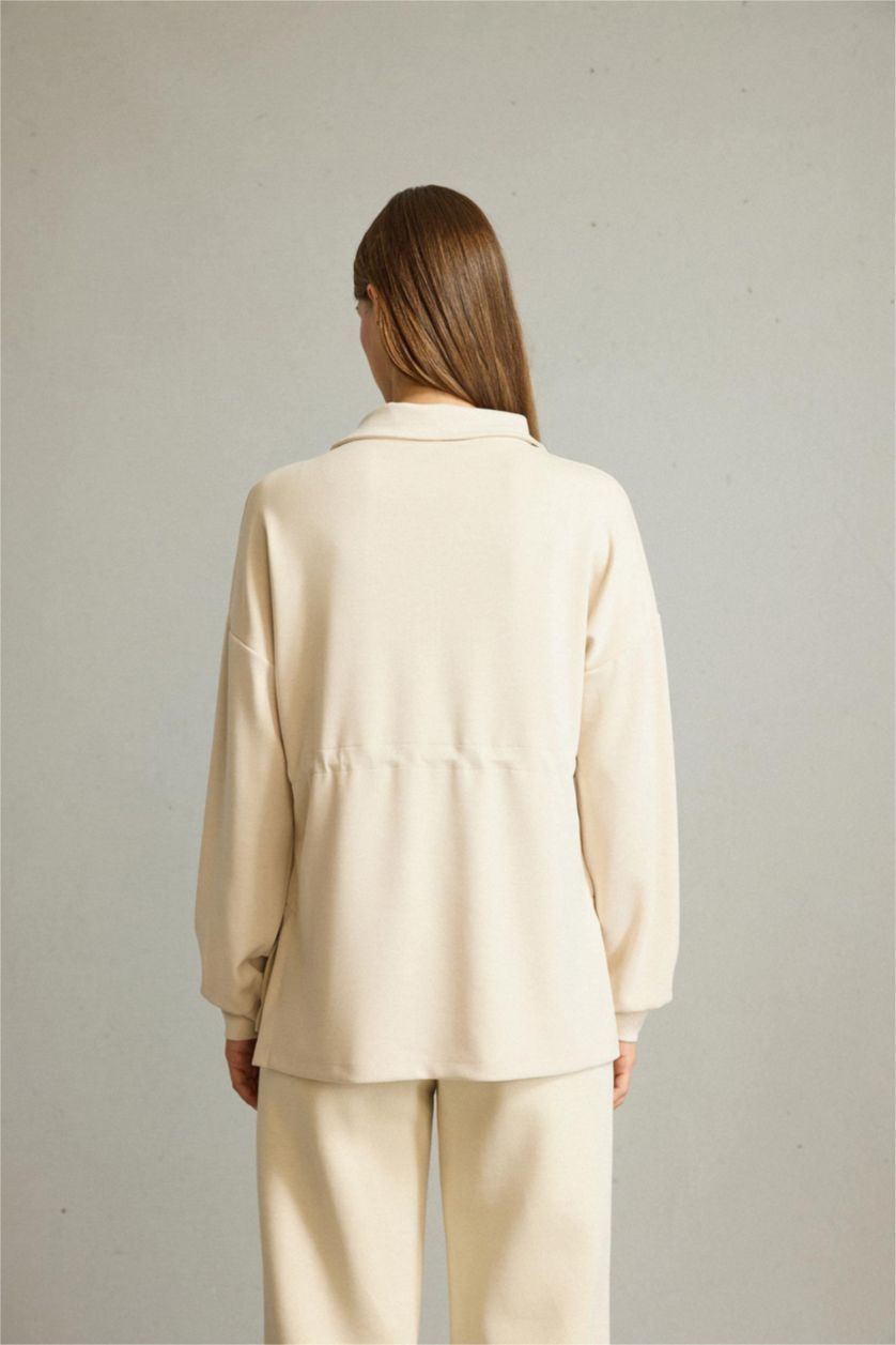 نساء اللون الحجري سويت شيرت منسوج بياخة مستديرة