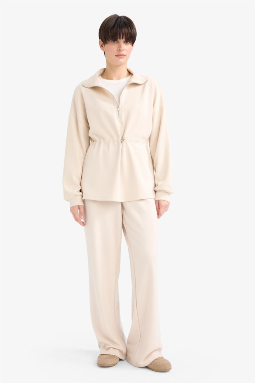 نساء اللون الحجري سويت شيرت منسوج بياخة مستديرة