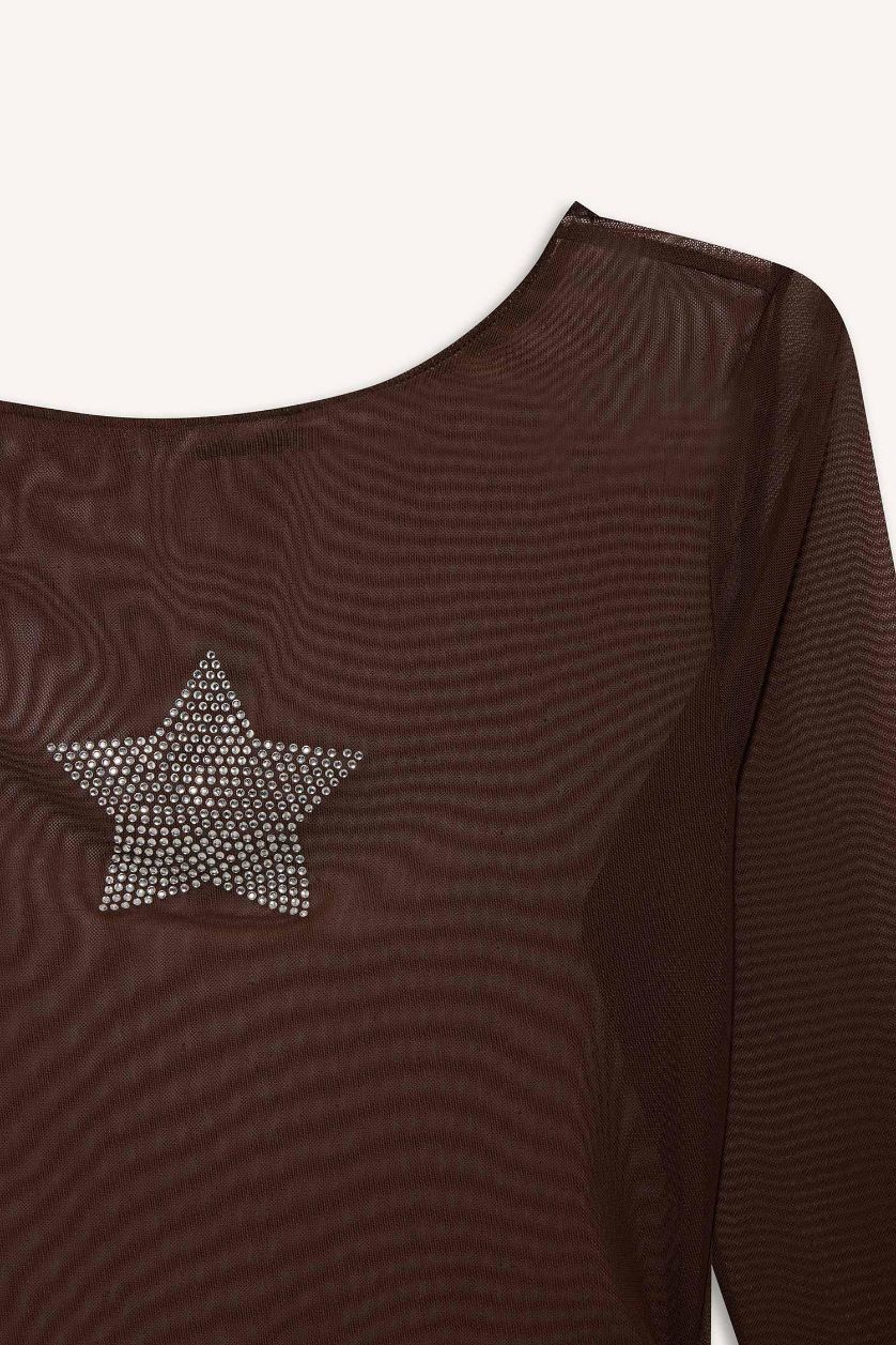 نساء بني تيشيرت ردن طويل سليم فيت من التول بياقة مستديرة و كتف واحد