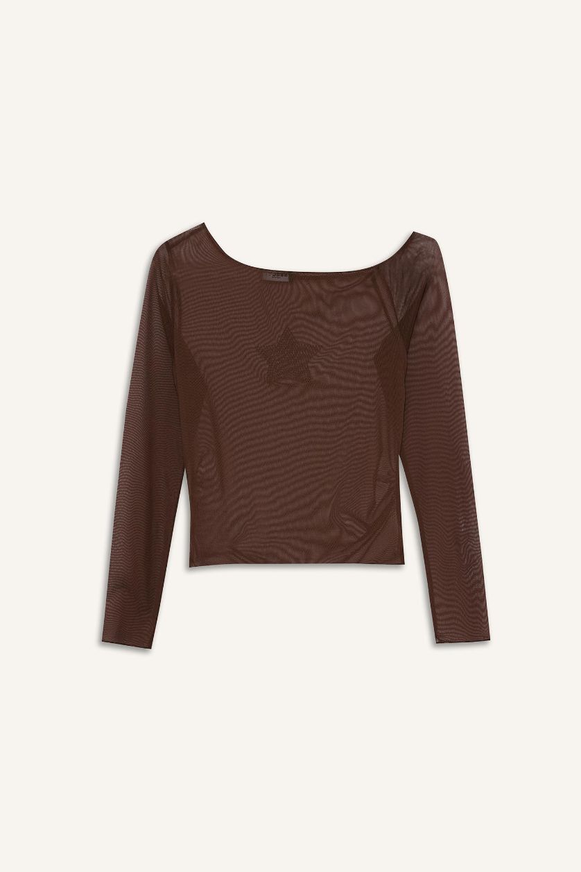 نساء بني تيشيرت ردن طويل سليم فيت من التول بياقة مستديرة و كتف واحد