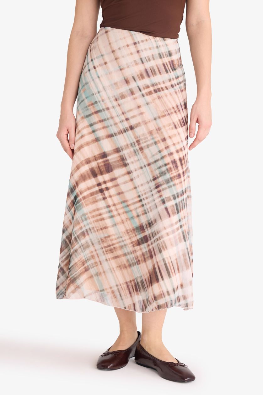 WOMAN Ecru Pencil Skirt Printed Chiffon Lined Normal Waist Midi Skirt